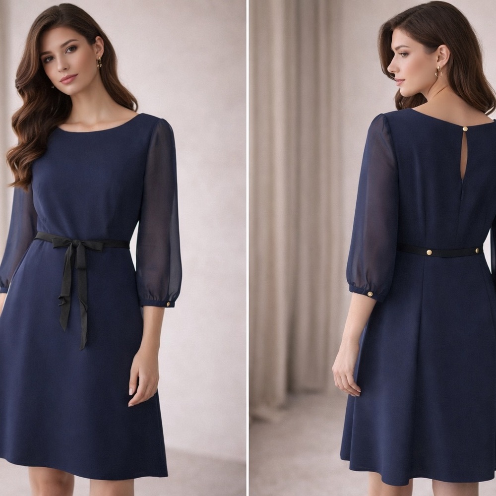 Ted Baker London Navy A-Line Dress Size 0 (US 2 XS) Sheer Sleeve Belted Elegant